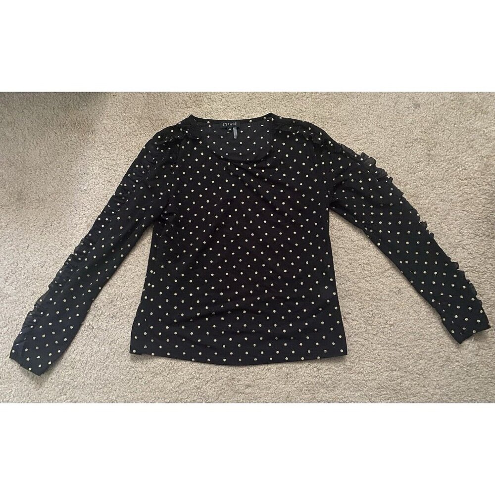 1.State Women's Black Gold Dot Sheer Long Sleeve Ruffle Seam Crewneck Top Size M - Picture 4 of 10